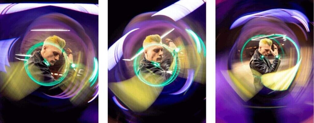 Porträtsequenz, eingerahmt von farbiger kreisförmiger Lichtverzerrung eines SZ Kreativfilters