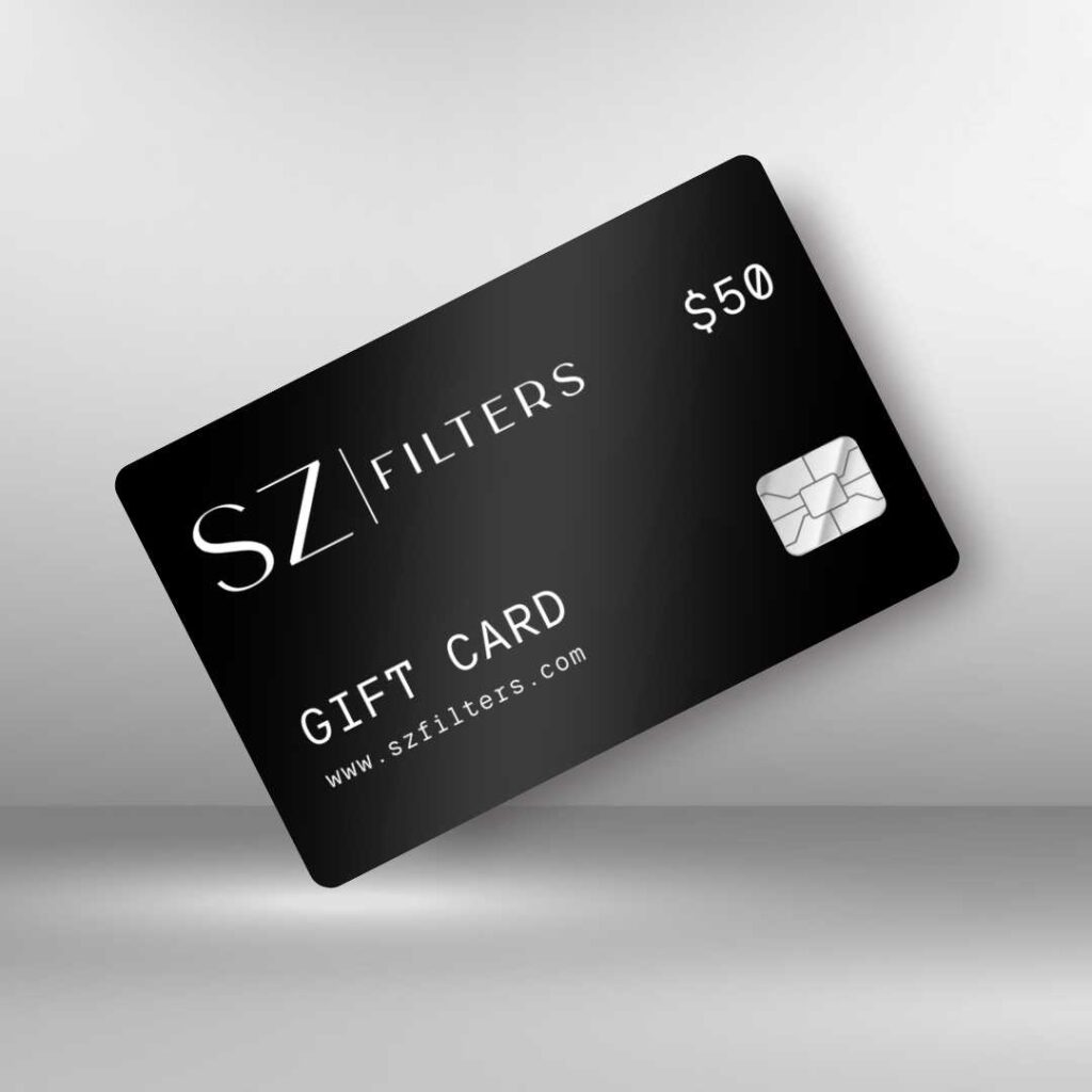 Carte cadeau noire SZ Filters présentée sur un fond neutre