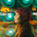 Vortex aura lens filter, camera accesories. Model surrounded by spiral lights created with Vortex Filter