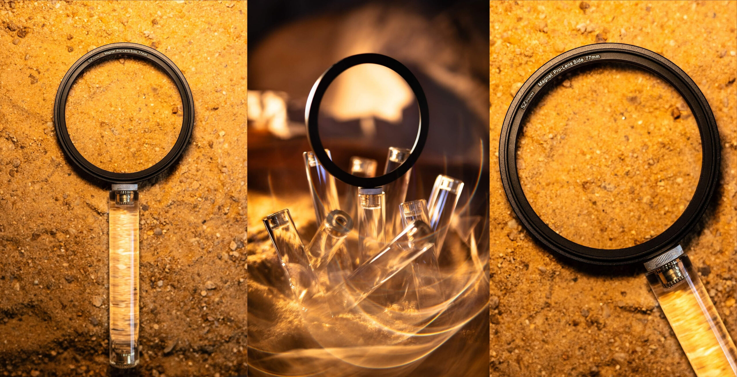 Freedom Ring creative filter holder by SZ Filters with transparent handle, photographed in warm golden light to demonstrate in-camera reflections and refractions.