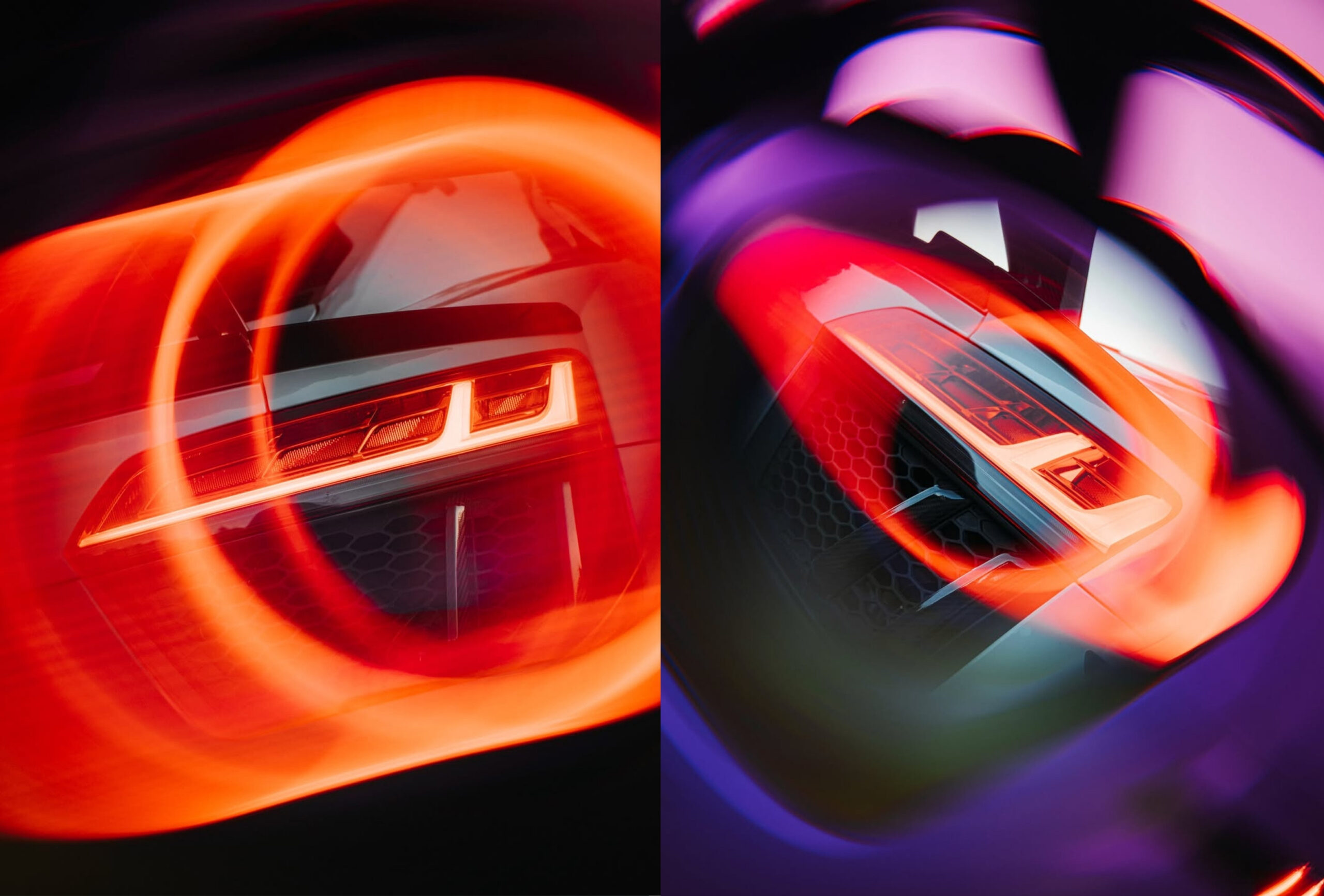 Primer plano con imagen dividida de un Audi R8 blanco con efectos de luz circulares rojos y morados creados con los filtros SZ Filters Psyco Black Hole y Double Liner para fotografía automotriz.
