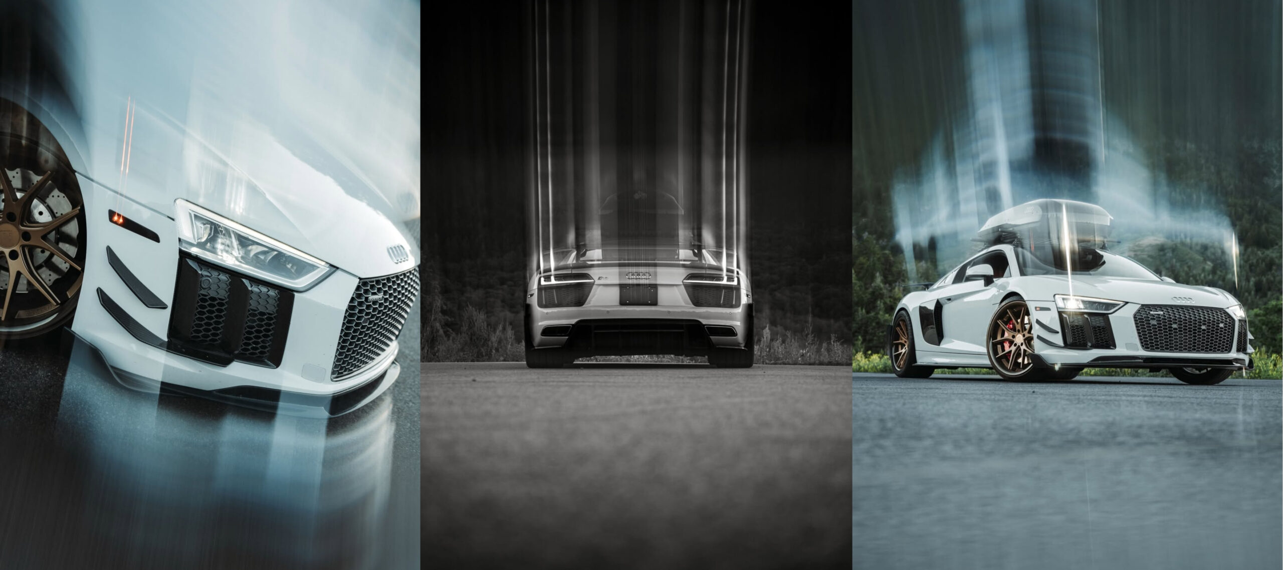 Collage fotográfico de tres paneles del Audi R8 blanco, con reflejos, estelas de luz verticales y efectos cinematográficos creados con filtros SZ.