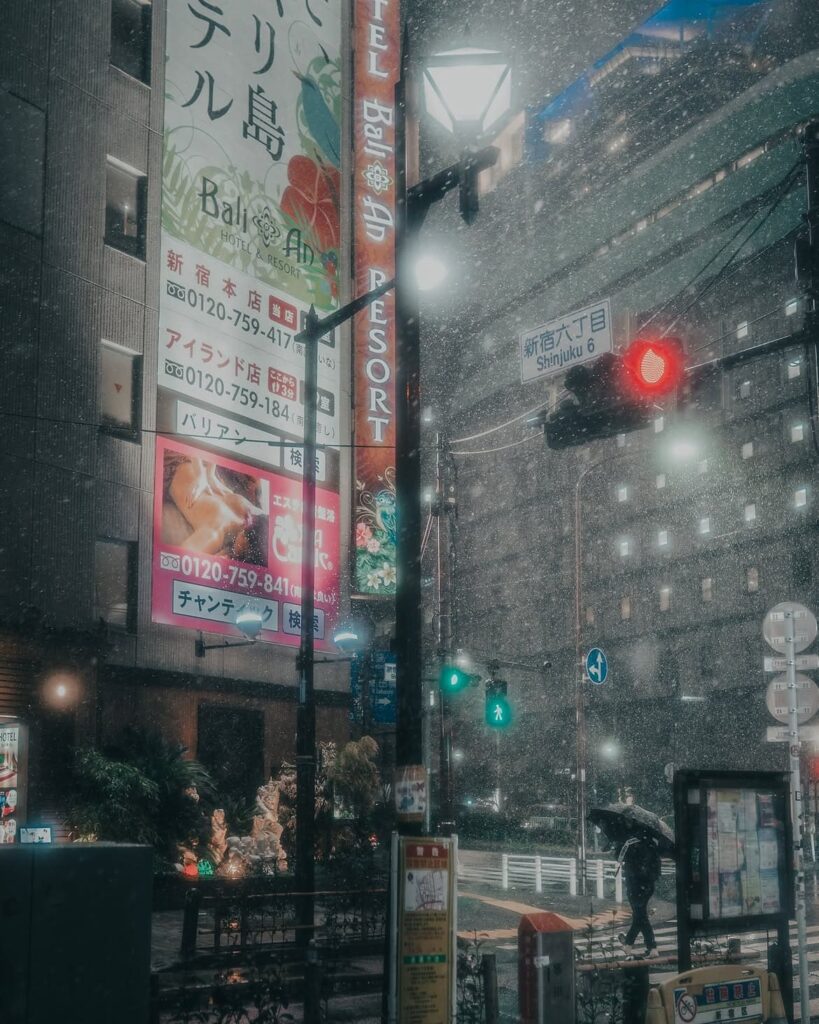 Snowy night street in Shinjuku, Tokyo, illuminated by neon signs and city lights, photographed by @nonapozzz