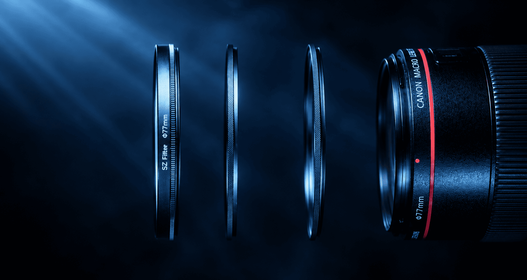 Magnetic and threaded lens filter system with 77mm filters and camera lens