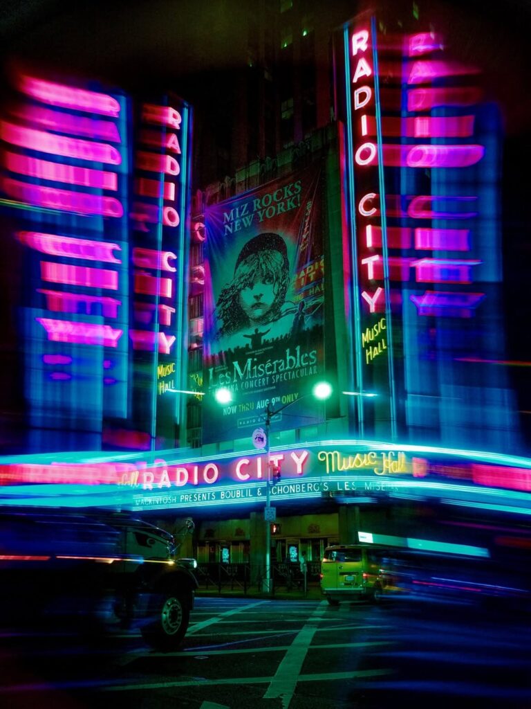 Radio City Music Hall at night with colorful light streaks created using the SZ Filters Liner V2